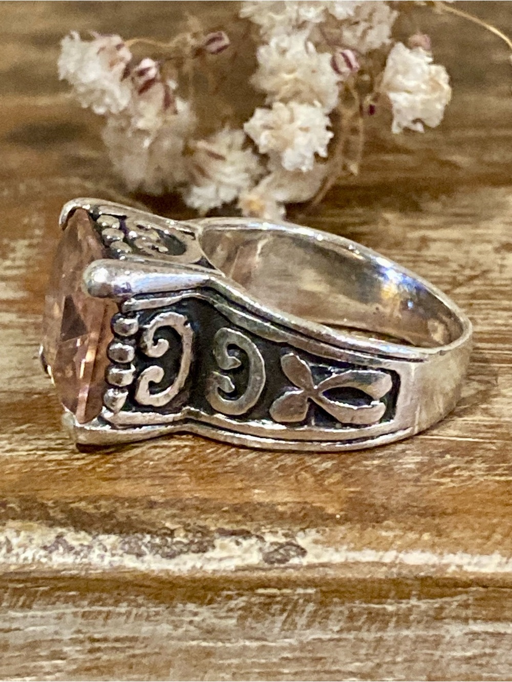 Silver Tone Statement Ring with Square Pink Gemstone • Size 6.25 - Picture 5 of 13